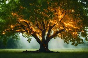 un árbol con brillante luces en eso en el medio de un campo. generado por ai foto