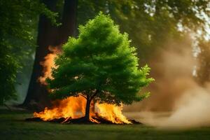 a tree is burning in the middle of a field. AI-Generated photo