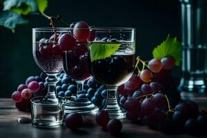 uvas y vino en lentes en un mesa. generado por ai foto