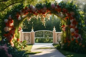 a wedding arch with flowers and greenery. AI-Generated photo