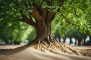 a tree with roots growing out of the sand. AI-Generated photo