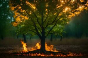 a tree with flames coming out of it in the middle of a field. AI-Generated photo