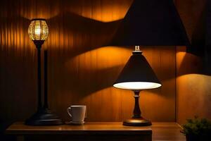 un lámpara en un mesa siguiente a un café taza. generado por ai foto