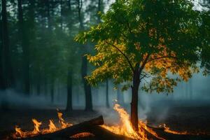 a tree is burning in the middle of a forest. AI-Generated photo