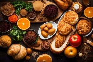 various types of food on a wooden table. AI-Generated photo