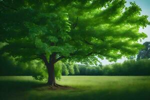 a large tree in a field with green leaves. AI-Generated photo