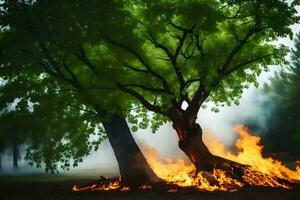 a tree is burning in the middle of a field. AI-Generated photo