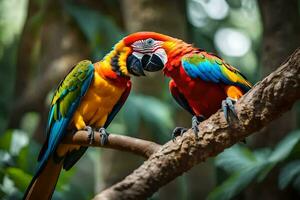 two colorful parrots sitting on a branch. AI-Generated photo