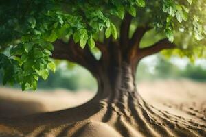 un árbol con raíces en el arena. generado por ai foto