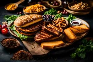 grilled chicken burger with cheese, lettuce and other ingredients on a wooden tray. AI-Generated photo