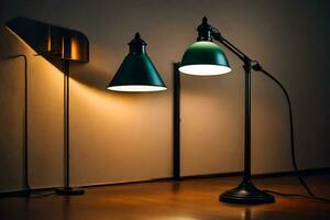 a green lamp and a black lamp on a wooden floor. AI-Generated photo