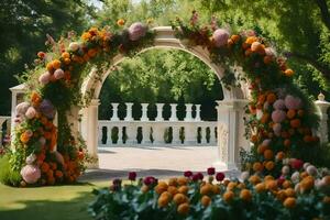 un Boda arco decorado con flores y verdor. generado por ai foto