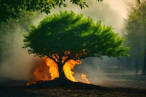 a tree is burning in the middle of a forest. AI-Generated photo