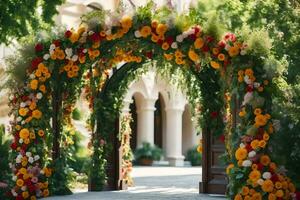 a wedding arch decorated with flowers. AI-Generated photo