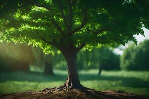 un árbol es mostrado en el medio de un campo. generado por ai foto