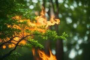 a tree with flames and leaves in the background. AI-Generated photo