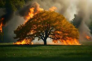 un árbol es ardiente en el campo con fumar viniendo fuera de él. generado por ai foto