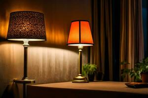two lamps on a table in a dark room. AI-Generated photo