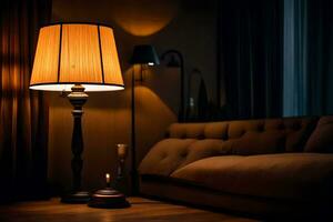a lamp is sitting on a table in front of a couch. AI-Generated photo