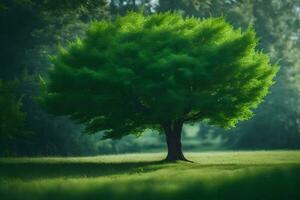 a lone tree in a green field. AI-Generated photo