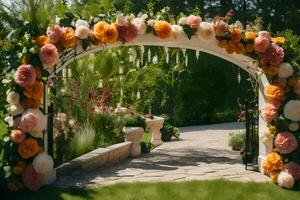 an archway decorated with flowers in a garden. AI-Generated photo