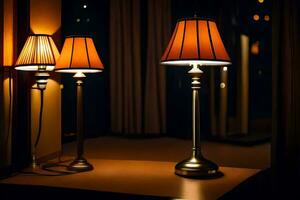 dos lamparas son sentado en un mesa en un oscuro habitación. generado por ai foto