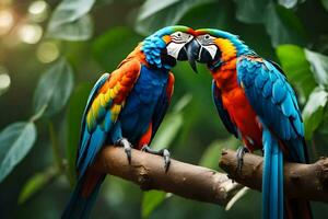 two colorful parrots sitting on a branch. AI-Generated photo