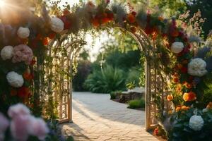 an archway with flowers and greenery. AI-Generated photo