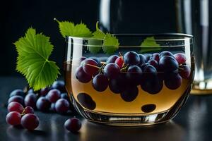 un vaso de vino con uvas y hojas. generado por ai foto