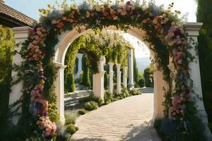 a wedding arch with flowers and greenery. AI-Generated photo