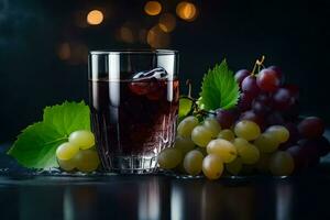 uvas y un vaso de vino en un oscuro antecedentes. generado por ai foto