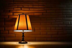 a lamp on a table in front of a brick wall. AI-Generated photo