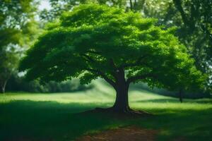 a tree in the middle of a green field. AI-Generated photo