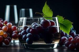 grapes in a glass with wine on a black background. AI-Generated photo