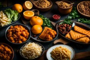 various types of food on a wooden table. AI-Generated photo