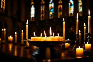 velas son iluminado en un Iglesia con manchado vaso ventanas generado por ai foto