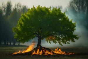 un árbol con fuego en el medio de él. generado por ai foto