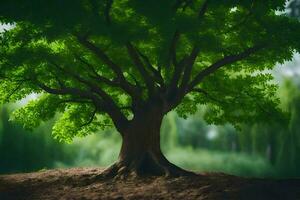 un árbol es mostrado en el medio de un campo. generado por ai foto