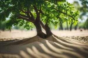 a tree in the desert with its roots in the sand. AI-Generated photo