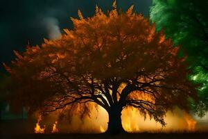 a tree with flames coming out of it in the dark. AI-Generated photo