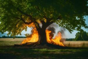 a tree with fire coming out of it in the middle of a field. AI-Generated photo