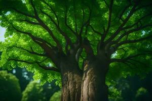 a large tree with green leaves in the middle. AI-Generated photo