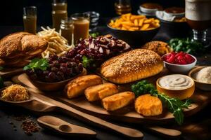 a platter of food with bread, cheese, and other items. AI-Generated photo