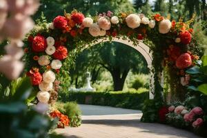 un Boda arco hecho de flores en el parque. generado por ai foto