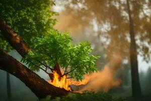 un árbol con fuego viniendo fuera de eso en el bosque. generado por ai foto