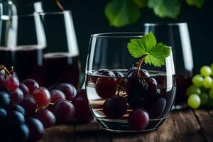 grapes and wine on a wooden table. AI-Generated photo