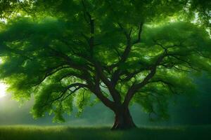 a large tree in the middle of a green field. AI-Generated photo