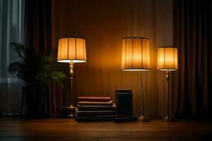 three lamps sit on a table in front of a window. AI-Generated photo
