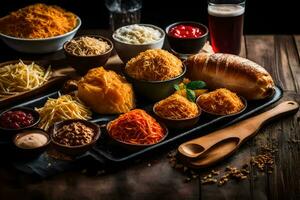 a tray of food including bread, cheese, and other ingredients. AI-Generated photo