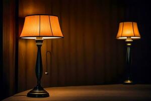 two lamps on a table in a dark room. AI-Generated photo